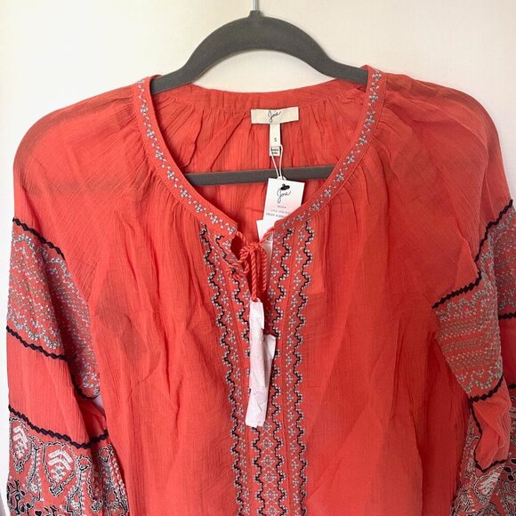 Joie Boho Top Womens Small V-Neck Sleeve Cotton Gauze Peasant Coral Lightweight - Picture 5 of 12